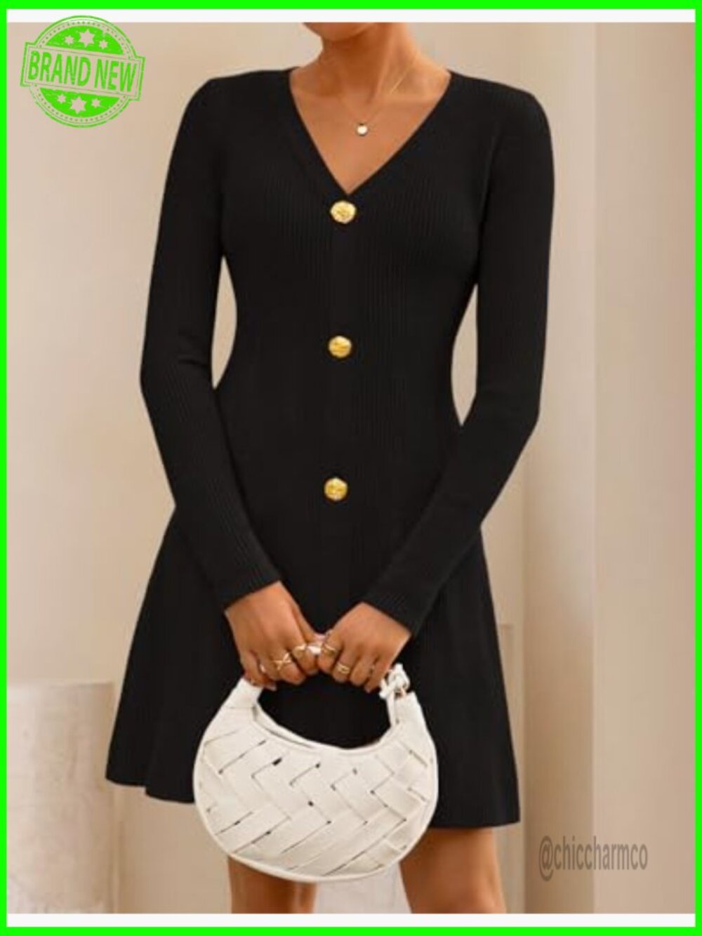 Long Sleeve V-Neck Ribbed Knit Sweater Dress Mini A-Line Fall Winter - Picture 2 of 7